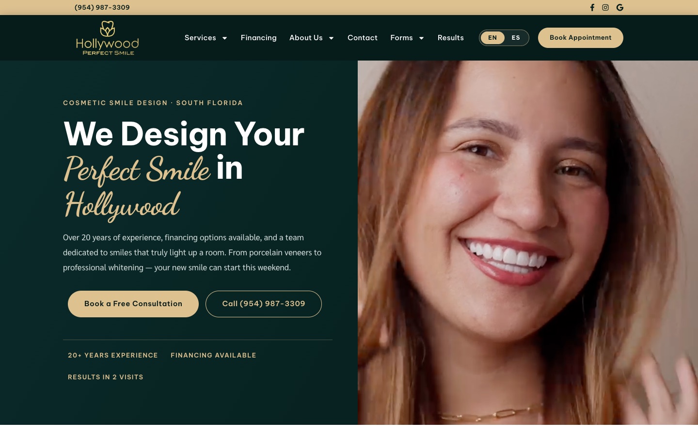Current homepage of hollywoodperfectsmile.com